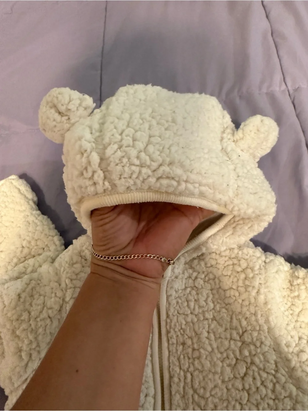 The Children's Place Baby Sherpa Bear Bunting Suit 6-9M Cream Hooded Footed